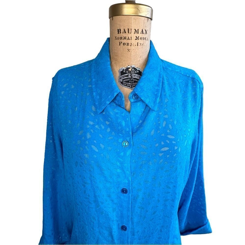 Vintage Sag Harbor Turquoise burn out leaf design 3/4 sleeve button down size 16 - Picture 3 of 10